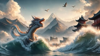 water, foaming, wave, smoke, Chinese dragon, mountains, Chinese temple, clouds, birds, at Twilight, tilt shift, Cleancore, HDR, Mustafa Abdulhadi, involved in a project, DonM3l3m3nt4l, 