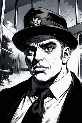 boichi manga style, monochrome, greyscale, solo, A criminal, he is Chicago mob boss Al Capone, round face, thick eyes, big mouth, thick lips, scarred cheeks, vicious face, smoking a cigar, wearing a round hat, tall and fat, wearing a prison uniform, in the cage, ((masterpiece))