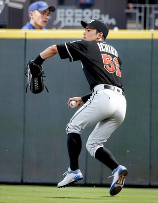 solo, 1male, Japanese, hat, full body, male focus, outdoors, shoes, socks, pants, baseball cap, ball, sportswear, white pants, photo background, baseball, baseball uniform, stadium, baseball mitt