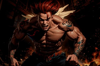 In Chinese mythology, solo, 1male, monster, dishevelled hair, dark red hair, cyan face, fangs, fat lips, wide mouth, strong, muscular, short, (single wing), evil, tattooed all over, in the prison, ancient China style, boichi manga style