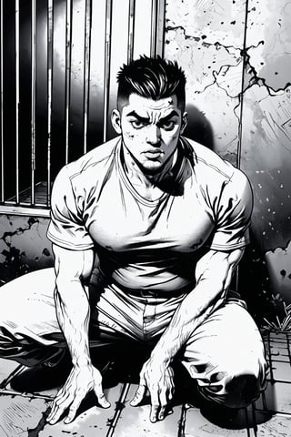 boichi manga style, monochrome, greyscale, solo, a criminal of Italian mafia, crew cut, round face, thick eyes, big mouth, thick lips, scarred cheeks, vicious face, tall and fat, wearing a prison clothes, siting on the ground, behind the cage, looking at the cage, ((masterpiece))