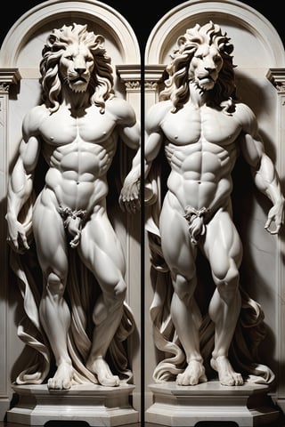 Renaissance-inspired sculpture, marble texture, flowing drapery, (anatomical sketches overlay, split screen image:1.1), full body statue of a mythical creature, half-human, half-lion, with a powerful pose and intricate details, classical art, chiaroscuro lighting, heroic stance, full body