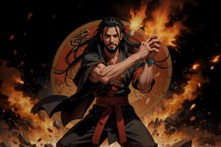 Chinese mythology story, solo, 1man, forty years old, long black hair, two beards, aqua Taoist robe, thin and tall, use both palms with all his strength to strike forward, Chinese martial arts animation style, boichi manga style