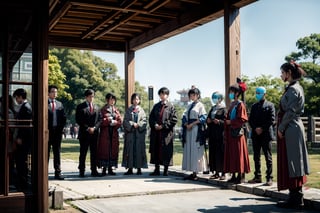 A group of officials in ancient China, Hanfu, official costumes, gathered in the large square outside the gate of the Chinese Palace
