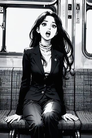 Boichi manga style, monochrome, greyscale, solo, a young lady, long hair, trouser suit, she was sitting in the train compartment, surprised eyes, open mouth, a finger point to the ground, ((masterpiece))