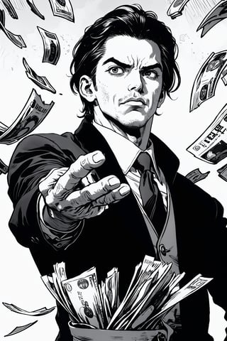 boichi manga style, monochrome, greyscale, an italian mafia member, He's tossing a handful of cash into the air, ((masterpiece))