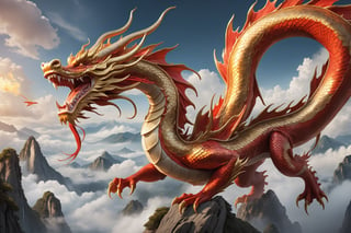masterpiece, top quality, detailed character design, ultra-high res, UHD, full body illustration of a Chinese dragon, its scales shimmering in hues of red and gold, its wings outstretched as it soars through the clouds, breathing fire from its open jaws, graceful lines, perfect form, dynamic pose, vibrant, action-packed, embodying the spirit of the wild, epic, mythical, anime style, 2d
