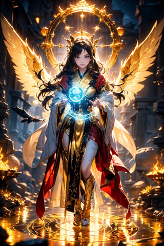 photographic, cinematic, super high detailed, super realistic image, 8k, HDR, super high quality image, master realistic image, perfect, detailed face, solo, goddess, (smile), long hair, hanfu, long robe, crown, light of wings, full body shot, magic circle. The worlds greatest horde of treasure ever collected, epic proportions, (colorful), dreamlike, gold, jewelry, treasure, riches, pules of gold, gems, riches, treasure vault, biggest treasure in the world,