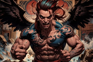 In Chinese mythology, solo, 1male, monster, dishevelled hair, dark red hair, cyan face, fangs, fat lips, wide mouth, strong, muscular, short, (wing), evil, tattooed all over, (hold up a token:1.2), ancient China style, boichi manga style
