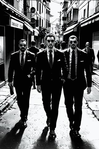 boichi manga style, monochrome, greyscale, A group of Italian mafia thugs walking fiercely on the street, ((masterpiece))