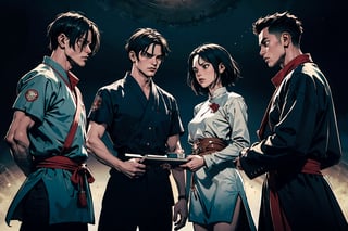 A group of kung-fu masters gather around a mysterious ancient scroll, their eyes fixed in shock and silence as they behold the secrets within. Framed against a darkened background with subtle gradient lighting, the figures' reactions are exaggerated in comic book-style drama, with bold lines and vivid colors capturing the intensity of their shared moment.