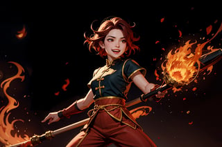 Chinese mythology, solo, 1female, monster_girl, short hair, dark red hair, grin, fangs, sexy lips, pointed ears, strong body, swarthy body, fire phoenix tattoo, (single wing behind), holding a mace, dark red vest, long pants, mist background, a heavenly guardian, its normally radiant aura now dimmed by mortal wounds, bursts into the grand hall with frantic urgency. The once-stalwart warrior's usually unyielding expression is replaced by a look of desperation as it rushes to convey crucial information to the gathered officials. In a chaotic flurry of motion, the injured god stumbles forward, its usually immaculate attire now disheveled and bloodied, Chinese martial arts animation style