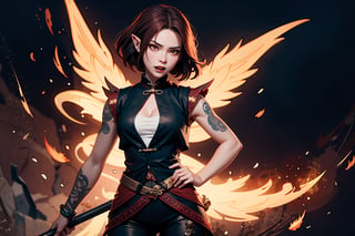 Chinese mythology, solo, 1female, monster_girl, short hair, dark red hair, fierce face, evil face, fangs, sexy lips, pointed ears, strong body, swarthy body, fire phoenix tattoo, (a single wing behind:1.2), holding a mace, dark red vest, long pants, smoky background, Chinese martial arts animation style