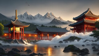 water, foaming, foggy, mountains, Chinese temple, birds, at Twilight, tilt shift, Cleancore, HDR, Mustafa Abdulhadi, involved in a project, DonM3l3m3nt4l, 