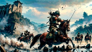 A majestic masterpiece depicting an ancient Chinese army in the midst of a fierce siege battle. Thousands of weary warriors donning ornate armor and riding powerful war horses charge towards the enemy's stronghold, spears and swords at the ready. Shield-bearing soldiers form a stalwart wall against the hail of arrows raining down from above, as the city gate stands firm under the relentless assault.,(MkmCut)