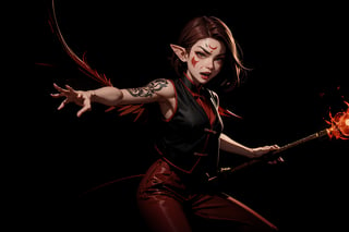 Chinese mythology, solo, 1female, monster_girl, short hair, dark red hair, (facial marks), fierce face, evil face, fangs, sexy lips, (pointed ears), (dark skin), strong body, (phoenix tattoo), (a single wing behind:1.2), (go mad:1.2), dark red vest, long pants, holding a mace, Chinese martial arts animation style