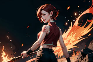 Chinese mythology, solo, 1female, monster_girl, short hair, dark red hair, grin, fangs, sexy lips, pointed ears, strong body, swarthy body, fire phoenix tattoo, (single wing behind), holding a mace, dark red vest, long pants, (look back, from behind:1.2), Chinese martial arts animation style