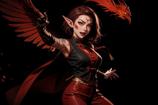 Chinese mythology, solo, 1female, monster_girl, short hair, dark red hair, (facial marks), fierce face, evil face, fangs, sexy lips, (pointed ears), (dark skin), strong body, (phoenix tattoo), (a single wing behind:1.2), (go crazy:1.2), dark red vest, long pants, Chinese martial arts animation style