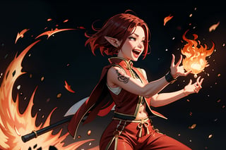 Chinese mythology, solo, 1female, monster_girl, short hair, dark red hair, (roar with laughter:1.2), fangs, sexy lips, pointed ears, strong body, swarthy body, fire phoenix tattoo, (single wing), holding a mace, dark red vest, long pants, Chinese martial arts animation style