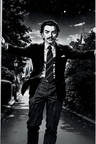 boichi manga style, monochrome, greyscale, solo, a young man, he is Walt Disney, the founder of Disneyland, slicked hairstyle, mustache, traditional plaid suit, open his arms, full body shot, a country station background, ((masterpiece))