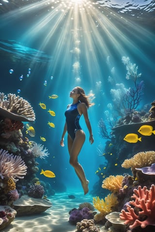 Underwater photorealistic image of a girl, sunlight filtering through water, bubbles, (bioluminescent creatures overlay:1.2), full body shot of a free diver exploring a coral reef, vibrant marine life, sunbeams breaking through the water, ethereal glow, full body