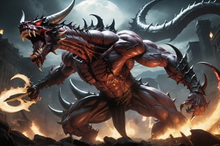 In this breathtaking UHD masterpiece, a fierce 6-demon, scarface creature brandishes a cutlass in a wide-angle shot, showcasing its monstrous maw and ghostly eyes. The demonic figure embodies the spirit of the wild, with vibrant, dynamic pose amidst a battlefield scene. Dramatic lighting casts an eerie glow, highlighting the character's muscular, flesh-mutant form adorned with glistening tumors. A detailed, high-quality design brings this 2D anime-style demon to life in a fighting game-inspired scene, exuding top-notch quality and ultra-high resolution.