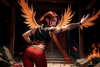 Chinese mythology, solo, 1female, monster_girl, short hair, dark red hair, (facial marks), fierce face, evil face, fangs, sexy lips, (pointed ears), (dark skin), strong body, (phoenix tattoo), (a single wing behind:1.2), dark red vest, long pants, a heavenly guardian, its normally radiant aura now dimmed by mortal wounds, bursts into the grand hall with frantic urgency. The once-stalwart warrior's usually unyielding expression is replaced by a look of desperation as it rushes to convey crucial information to the gathered officials. In a chaotic flurry of motion, the injured god stumbles forward, its usually immaculate attire now disheveled and bloodied, (run), (from behind:1.2), Chinese martial arts animation style