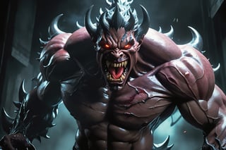 A 6-demon fusion creature embodies the essence of evil, its scarface twisted in a fierce expression. Ghostly eyes glow with an otherworldly intensity as sharp teeth gleam within a monstrous maw. Muscular flesh ripples beneath guiverring tumors, as if energized by dark magic. In a wide-angle shot, the demon assumes a dynamic pose, exuding vibrant energy and embodying the spirit of the wild. Dramatic lighting casts ominous shadows, heightening the sense of tension in this UHD, 2D masterpiece inspired by anime and fighting game styles.