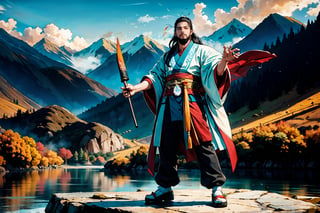 Chinese mythology story, solo, 1man, forty years old, long black hair, two beards, aqua Taoist robe, holding a feather fan, thin and tall, full body, mountain, chinese temple background, boichi manga style