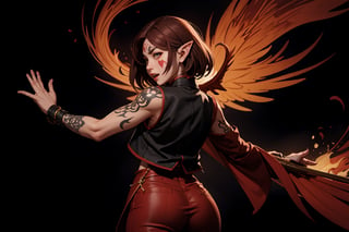 Chinese mythology, solo, 1female, monster_girl, short hair, dark red hair, (facial marks), fierce face, evil face, fangs, sexy lips, (pointed ears), (dark skin), strong body, (phoenix tattoo), (a single wing behind:1.2), (holding up token:1.2), dark red vest, long pants, (look back, from behind:1.2), Chinese martial arts animation style