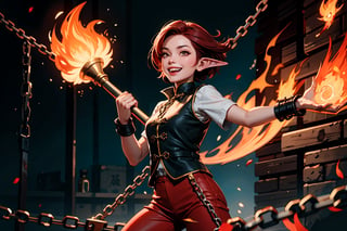 Chinese mythology, solo, 1female, monster_girl, short hair, dark red hair, grin, fangs, sexy lips, pointed ears, strong body, swarthy body, fire phoenix tattoo, (single wing behind), holding a mace, dark red vest, long pants, (shackles, chains, in the prison:1.2), Chinese martial arts animation style
