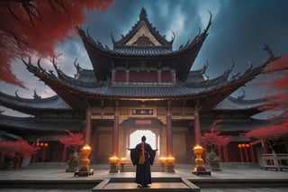 A solemn temple courtyard at dusk, with intricately carved stone walls and a high-pitched roof adorned with glimmering jade tiles. The god, resplendent in imperial robes, stands before an ornate altar as dark blue waves undulate and swirl around him. He holds aloft the evil water magic weapon, its malevolent energy palpable as it seems to darken the air itself. The sky above is a deep crimson, with wispy clouds drifting like smoke from a thousand incense sticks. The pose: regal yet foreboding.