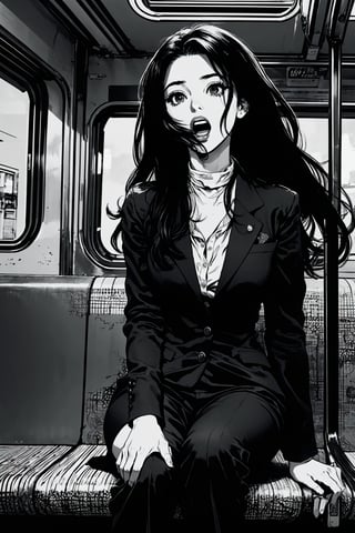 Boichi manga style, monochrome, greyscale, solo, a young lady, long hair, trouser suit, she was sitting in the train compartment, surprised eyes, open mouth, a finger point to the ground, ((masterpiece))