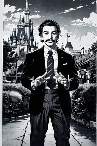 boichi manga style, monochrome, greyscale, solo, a young man, he is Walt Disney, the founder of Disneyland, slicked hairstyle, mustache, traditional plaid suit, open his hands, full body shot, a country station background, ((masterpiece))