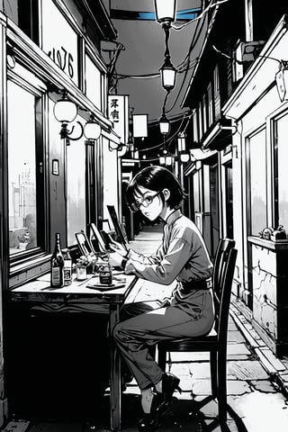 boichi manga style, monochrome, greyscale, in a corner of an alley, under dim street lights, solo, a girl, glasses, short hair, Chinese clothes, set up a small stall. There was a crystal ball on the table that could predict the future. She sat behind the stall, ((masterpiece))