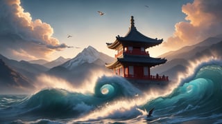 water, foaming, wave, smoke, mountains, Chinese temple, clouds, birds, at Twilight, tilt shift, Cleancore, HDR, Mustafa Abdulhadi, involved in a project, DonM3l3m3nt4l, 