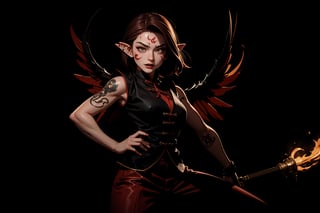 Chinese mythology, solo, 1female, monster_girl, short hair, dark red hair, (facial marks), fierce face, evil face, fangs, sexy lips, (pointed ears), (dark skin), strong body, (phoenix tattoo), (a single wing behind:1.2), a faint sneer of satisfaction crossedherface, dark red vest, long pants, holding a mace, Chinese martial arts animation style