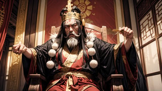 One old man, a Chinese emperor, sitting in a throne chair, eating meat, evil face, long beard long, black hair, scar on left eye, angry face, flesh_fang, (tall, fat), full_body, from below, straight crown, golden Taoist robe, Chinese palace background, royal, dynamic poses,