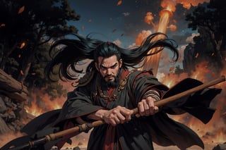 Chinese mythology story, solo, 1man, forty years old, long black hair, two beards, aqua Taoist robe, thin and tall, fury, strike forward with one palm, palm wind whistling, boichi manga style