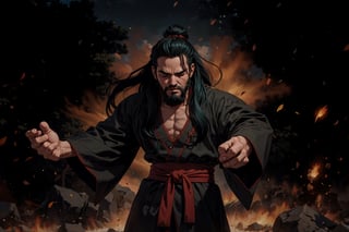 Chinese mythology story, solo, 1man, forty years old, long black hair, two beards, aqua Taoist robe, thin and tall, closed eyes, he lowered his head and murmured to himself, with his hands clasped on his chest, Chinese martial arts animation style, boichi manga style