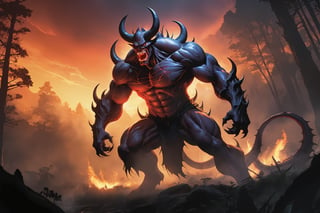 In a blazing sunset-lit clearing, a behemoth emerges from the shadows. The 6-Demon, a monstrous mutant, stands tall with a fierce expression, its ghostly eyes glowing like lanterns in the dark. Scarface-like, its mouth is a maw of sharp teeth, ready to tear flesh asunder. Muscular and imposing, guiverring tumors bulge from its skin like twisted growths. In a wide-angle shot, the demon's dynamic pose embodies the wild spirit, as if frozen mid-battle. Vibrant colors pop against dramatic lighting, casting long shadows across the clearing. Anime-style lines define the character design in 2D, reminiscent of fighting game art.