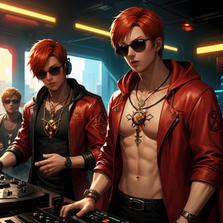 exquisite details and texture, detailed face, anatomy correct, best quality, ultra detailed, photorealistic, solo, 1 male, short hair, orange hair, sunglasses, wore a pair of headphones, red colored robe, cool, flame tattoos, flame pentagram necklace, he was a radio DJ, playing music for listeners in a tiny radio studio with a Taiji in the background, symbolizing destiny, front view, upper body, Cyberpunk style
