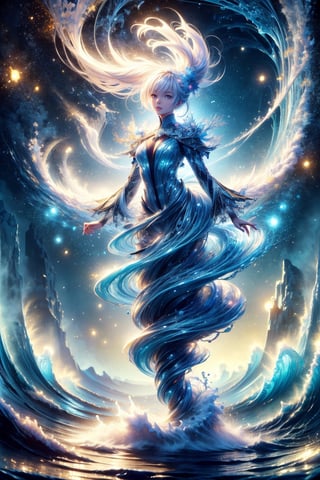 (masterpiece, top quality, best quality, official art, beautiful and aesthetic:1.2), solo, 1girl, melancholy eyes, long silver hair, hanfu, long robe, with bun accessories, full body shot, extreme detailed, (abstract, fractal art:1.3), hyper detailed masterpiece, dynamic, awesome quality, minute aqueous floating DonM3l3m3nt4l, stark beauty, wizardly, well-functioning, charming, halcyon, highest detailed, water, wave, ice, lightning, light_particles, ghost, 