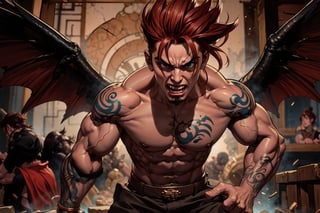 In Chinese mythology, solo, 1male, monster, dishevelled hair, dark red hair, cyan face, fangs, fat lips, wide mouth, strong, muscular, short, (wing), evil, tattooed all over, (full bady1:2), (lift up a token:1.2), ancient China style, boichi manga style