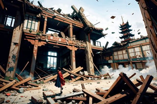 A dramatic scene unfolds in an ancient Chinese courtyard: a grand temple's ceiling begins to crumble, sending dust and debris raining down. A lone figure, dressed in traditional hanfu attire, cowers beneath the falling rubble as the once-sturdy structure now teeters on the brink of collapse.