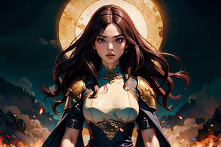 A majestic warrior maiden emerges from the misty veil of ancient China. In a Boichi-inspired art style, a solitary girl with piercing big eyes and plump pink lips stands tall and slender, her long curly hair flowing like a river of gold. The purple hue of her locks adds an air of mystique to her already regal presence. She dons a suit of armor and a flowing long robe, evoking the grandeur of Chinese mythology. The framing is cinematic, with the subject centered against a subtle gradient background that hints at the mystical energies surrounding her. The lighting is dramatic, casting warm highlights on her porcelain skin and emphasizing the curves of her armor. The composition is balanced, with the girl's pose exuding confidence and power as she stands ready to face whatever challenges ancient China may bring.