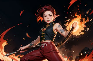 Chinese mythology, solo, 1female, monster_girl, short hair, dark red hair, fury, fangs, sexy lips, pointed ears, strong body, swarthy body, fire phoenix tattoo, (single wing behind), holding a mace, dark red vest, long pants, (full shot:1.2), (holding up token:1.2), Chinese martial arts animation style
