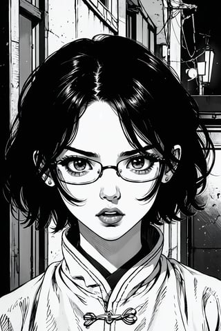 boichi manga style, monochrome, greyscale, in a corner of an alley, under dim street lights, solo, a girl, glasses, short hair, Chinese clothes, She had a surprised look on her face, close up view, ((masterpiece))