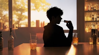 a single hand picking pills. solo, 1boy, holding, sitting, cup, ring, holding cup, alcohol, drinking glass, silhouette, glass