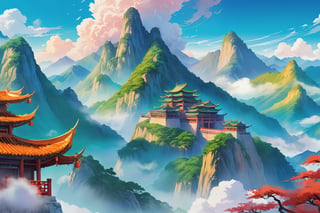 anime artwork {prompt} . anime style, key visual, vibrant, studio anime, highly detailed. In Chinese mythology, Longmen Mountain, the mountains are like dragons perched on top, and the tops of the mountains are shrouded in clouds and mist.